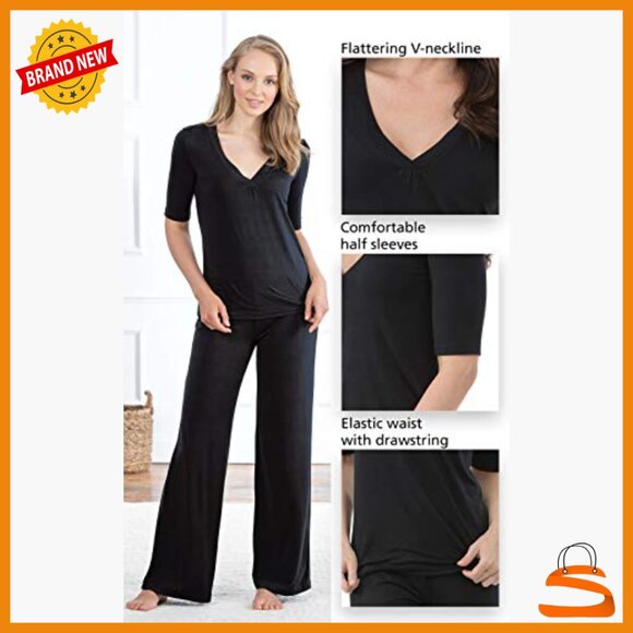 Silky V-Neck Pajama Set with 3/4 Sleeves, Loose Fit, Polyester Blend - Picture 5 of 7
